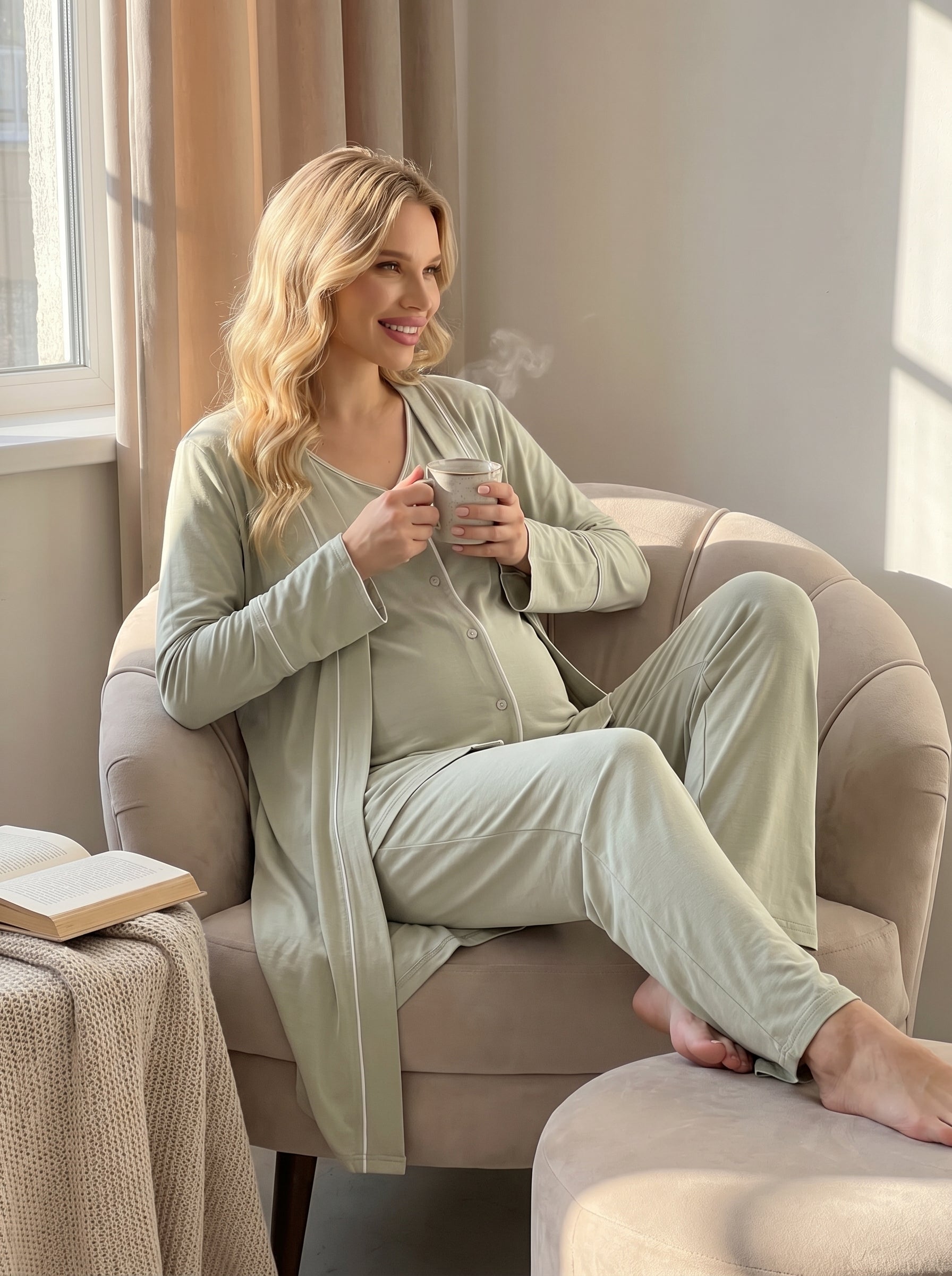 Yeşil Önden Düğmeli Sabahlıklı  Lohusa Pijama Takımı-2039