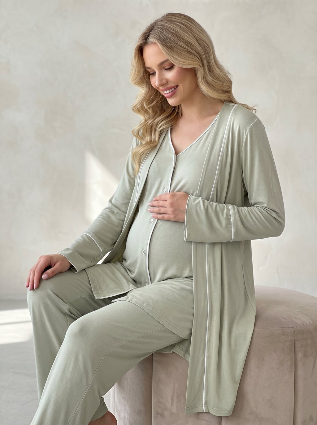 Yeşil Önden Düğmeli Sabahlıklı  Lohusa Pijama Takımı-2039