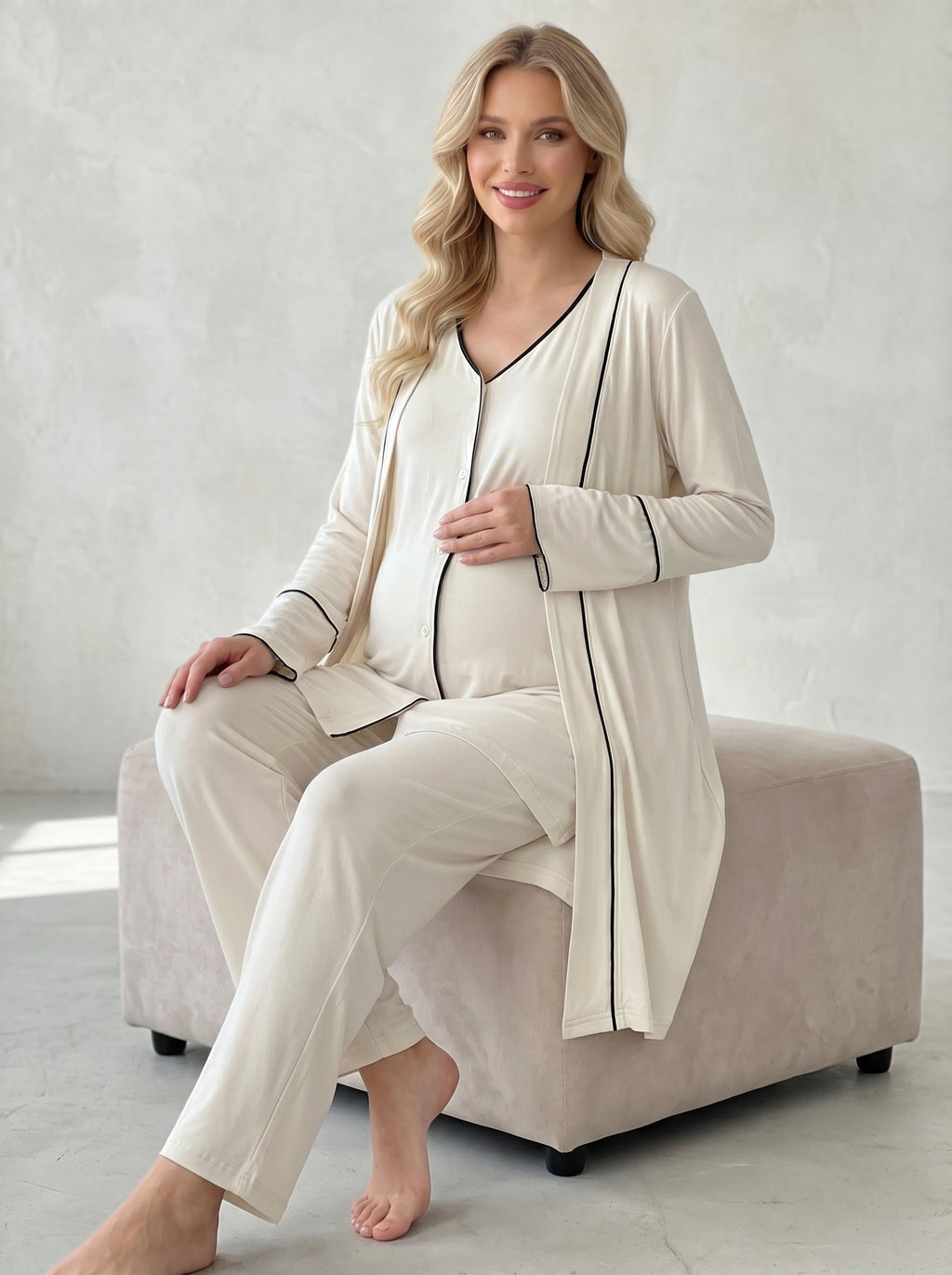 Ekru Önden Düğmeli Sabahlıklı  Lohusa Pijama Takımı-2035